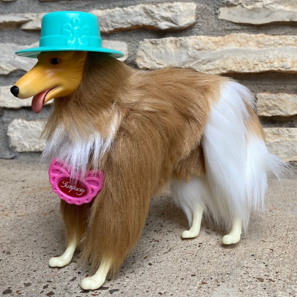 Western Fun Barbie Pet Collie Turquoise Dog 1989 Vintage Mattel